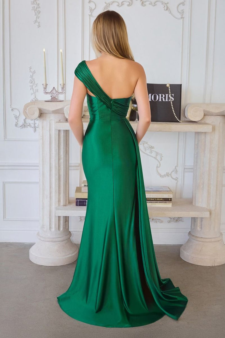 Satin Fitted One Shoulder Slit Gown by Amoris T817