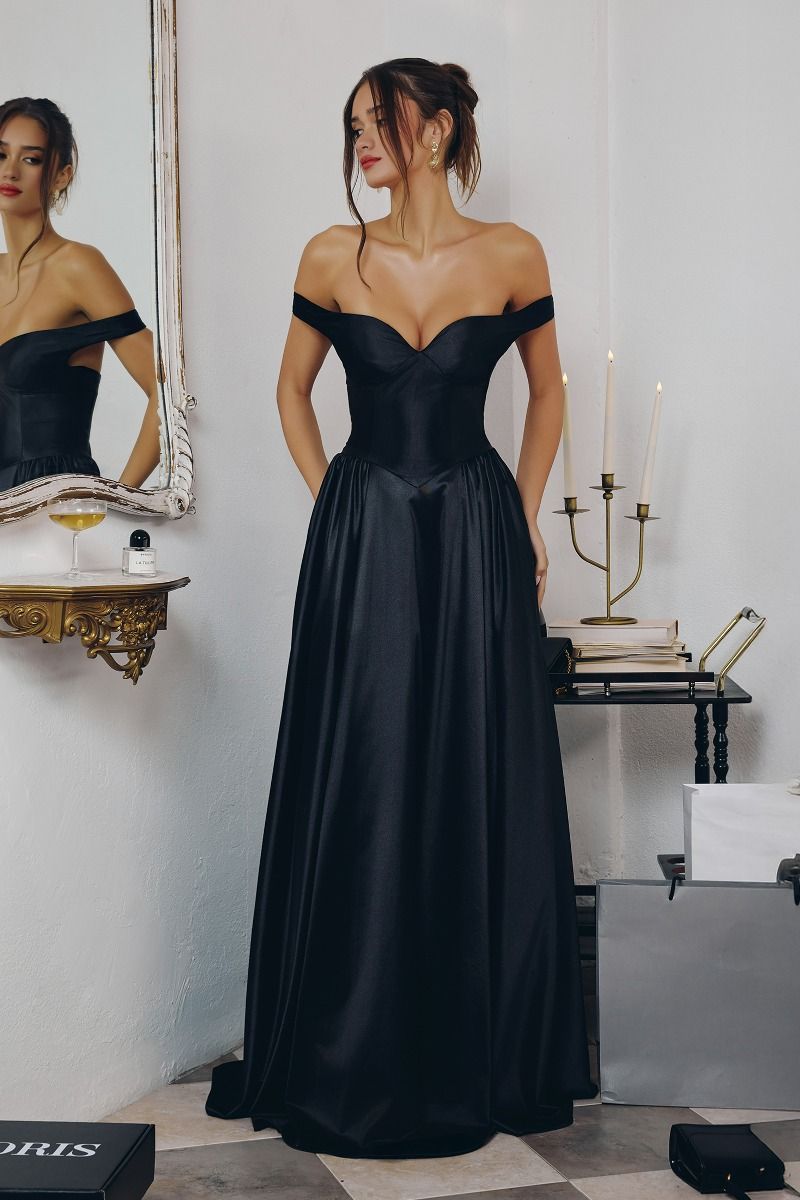 Satin Off Shoulder A-line Gown by Amoris T821