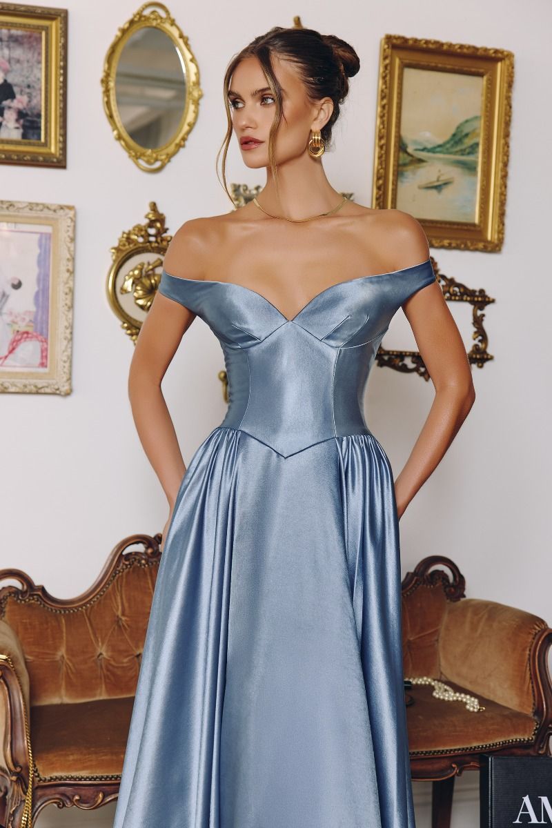 Satin Off Shoulder A-line Gown by Amoris T821 XL / Light Blue