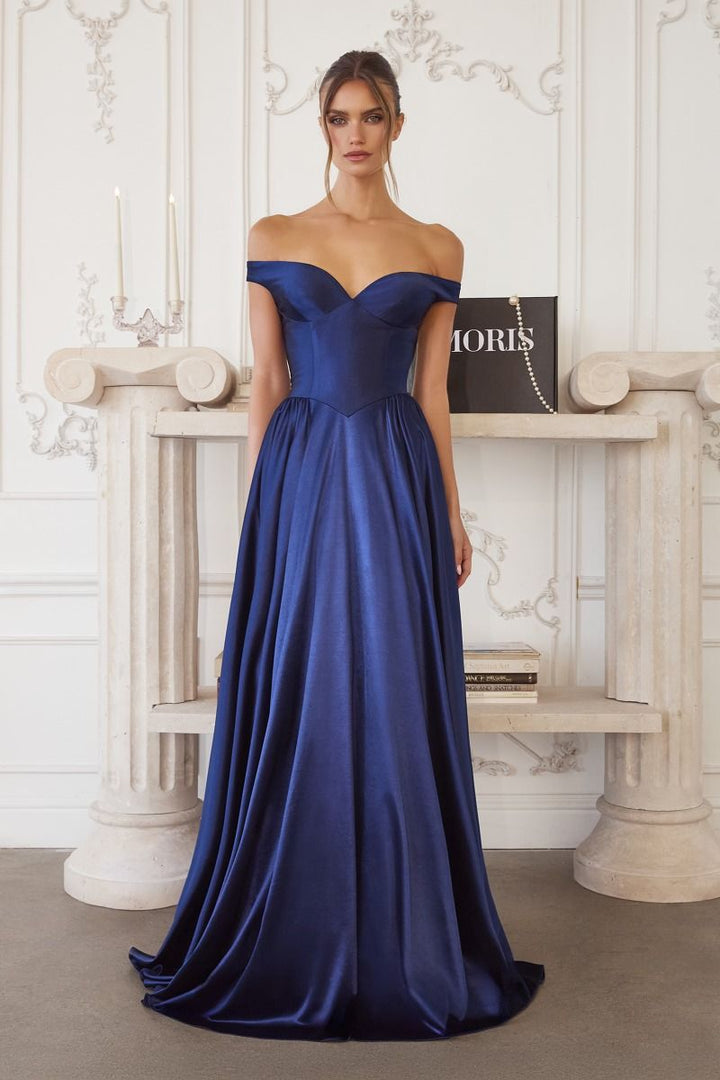 Satin Off Shoulder A-line Gown by Amoris T821