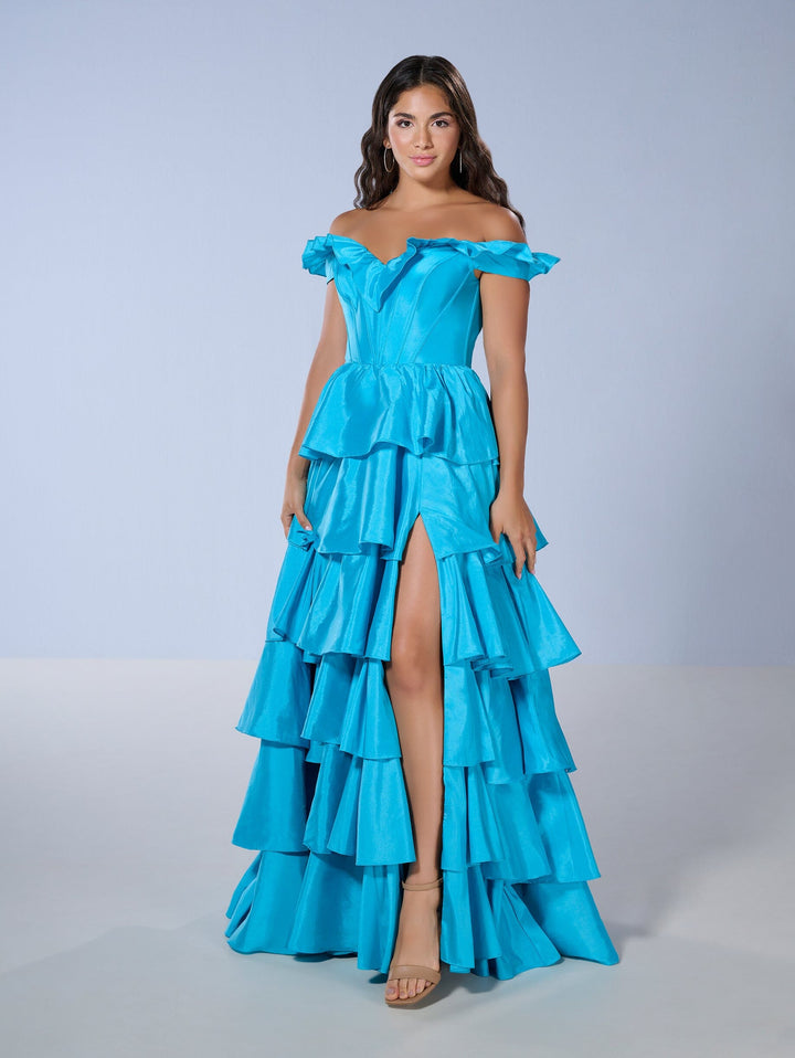 Taffeta Off Shoulder Tiered Gown by Tiffany Designs 16175