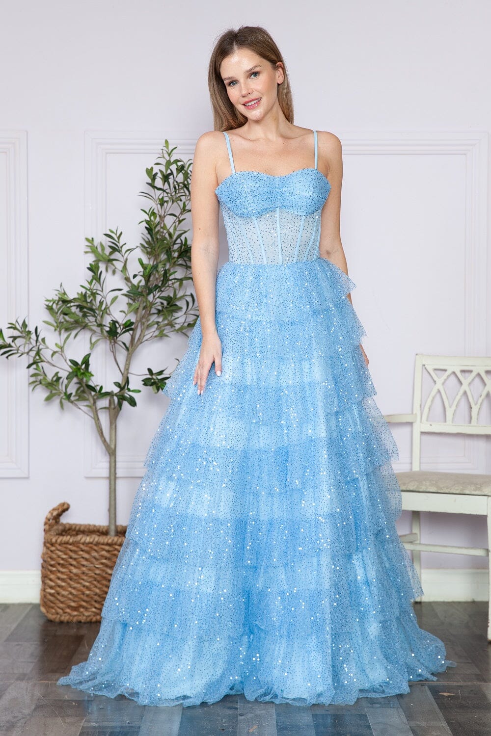 sequin tier dress Corset-Back Long Tiered Sequin Prom Ball Gown 9328 Champagne / XSmall