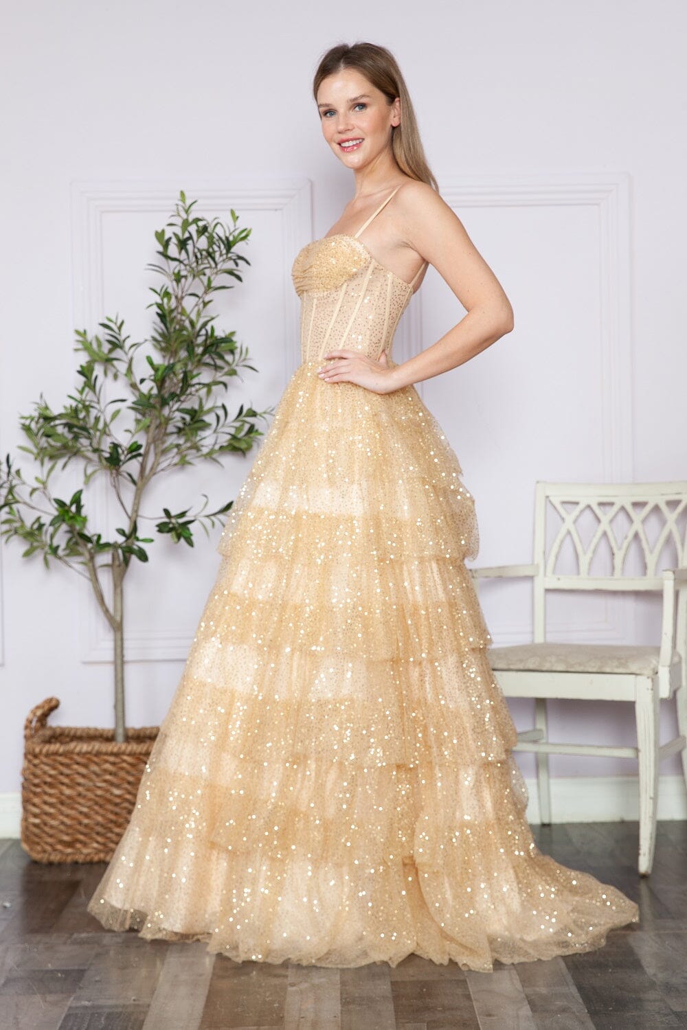 Poly USA 9328 Tiered Sleeveless Corset Sequin Gown | FormalDressShops Champagne / XL Poly USA 9328 Tiered Sleeveless Corset Sequin Gown | FormalDressShops Champagne / XL