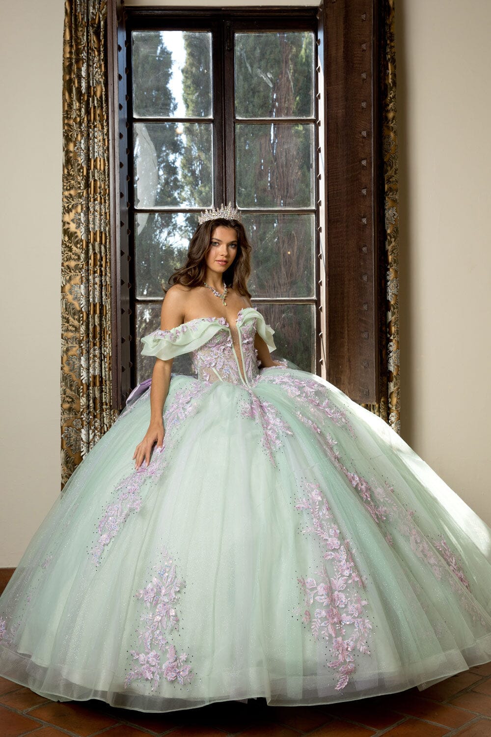 Two Tone Off Shoulder Ball Gown by Petite Adele PQ1067 M / Sage/Lilac