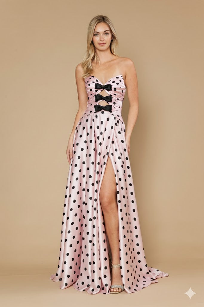 Polka Dot Strapless A-line Slit Gown by Poly USA 25184