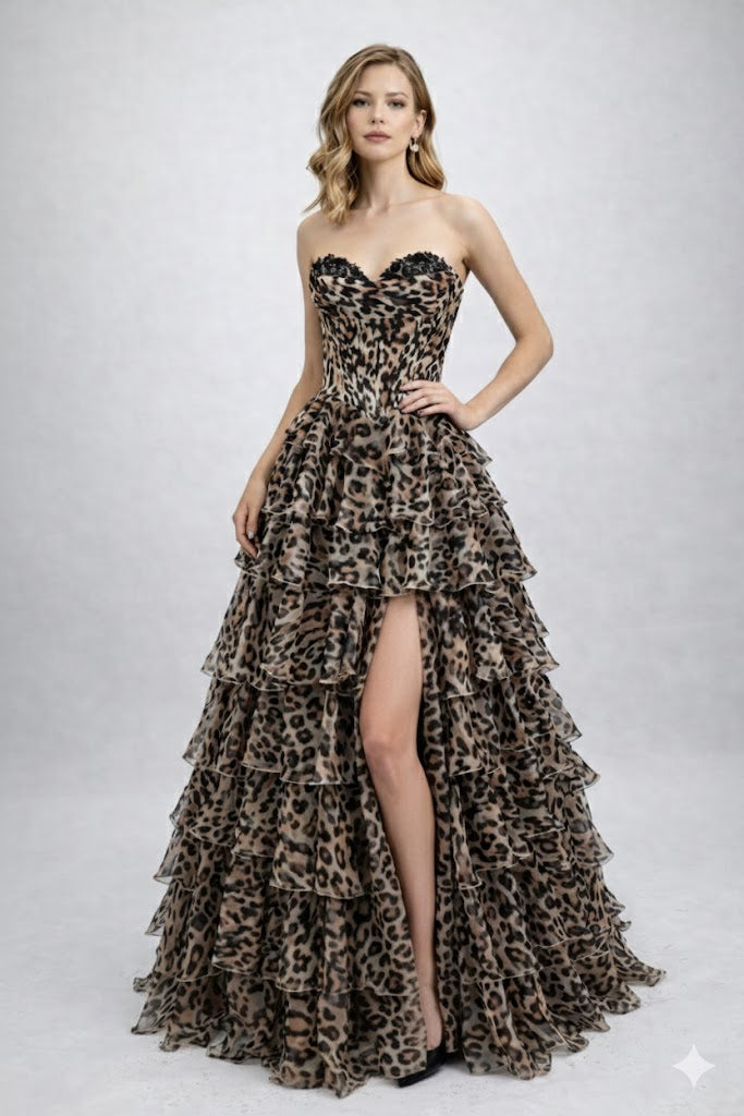 Animal Print Strapless Tiered Gown by Poly USA 25206