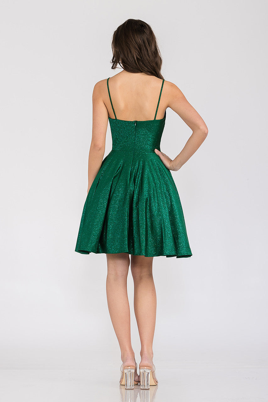 Metallic Short V-Neck A-line Dress by Lenovia 3075