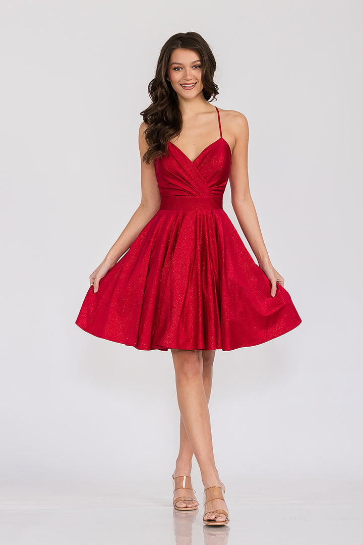 Metallic Short V-Neck A-line Dress by Lenovia 3075