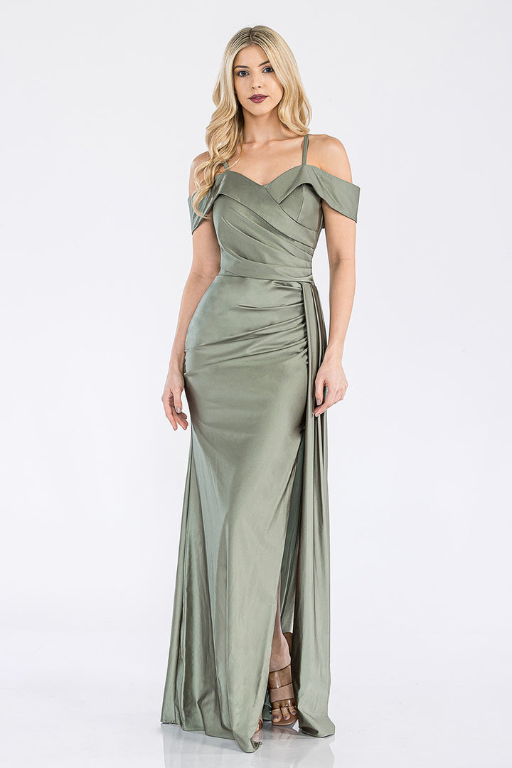 Satin Fitted Cold Shoulder Slit Gown by Lenovia 5320