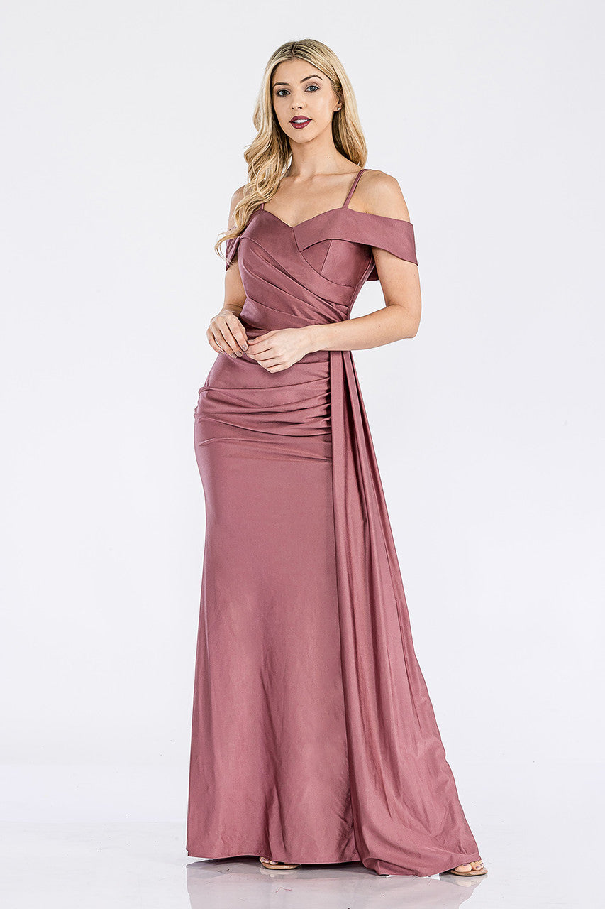 Satin Fitted Cold Shoulder Slit Gown by Lenovia 5320
