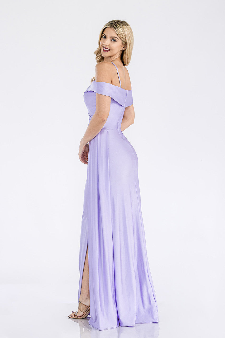 Satin Fitted Cold Shoulder Slit Gown by Lenovia 5320