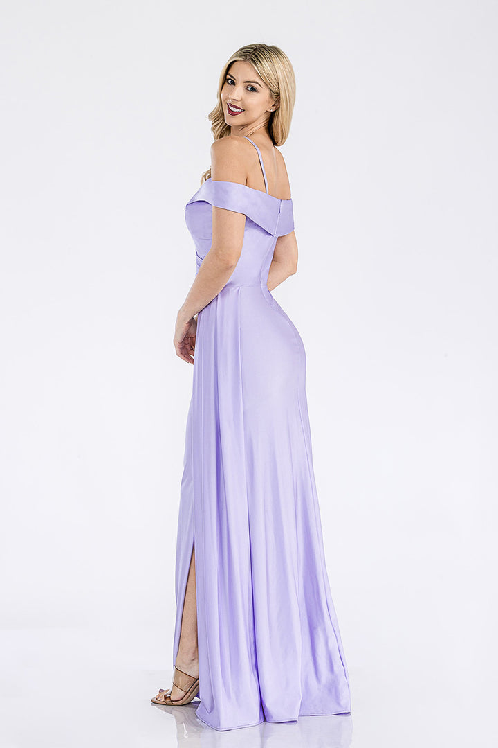Satin Fitted Cold Shoulder Slit Gown by Lenovia 5320