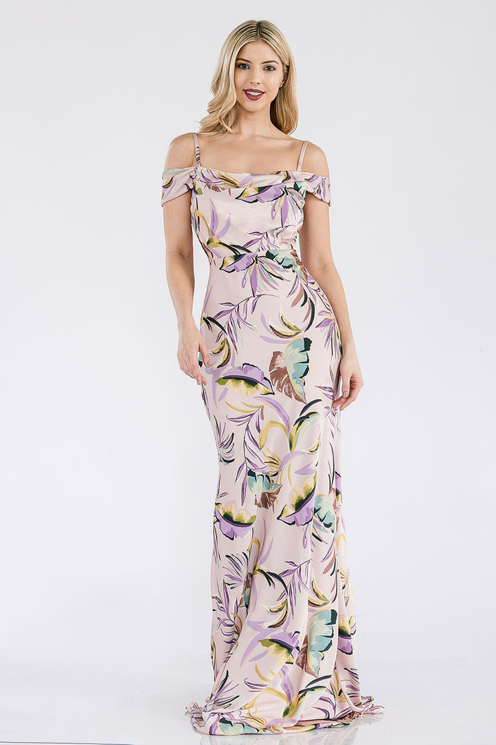 Print Fitted Cold Shoulder Gown by Lenovia 5306