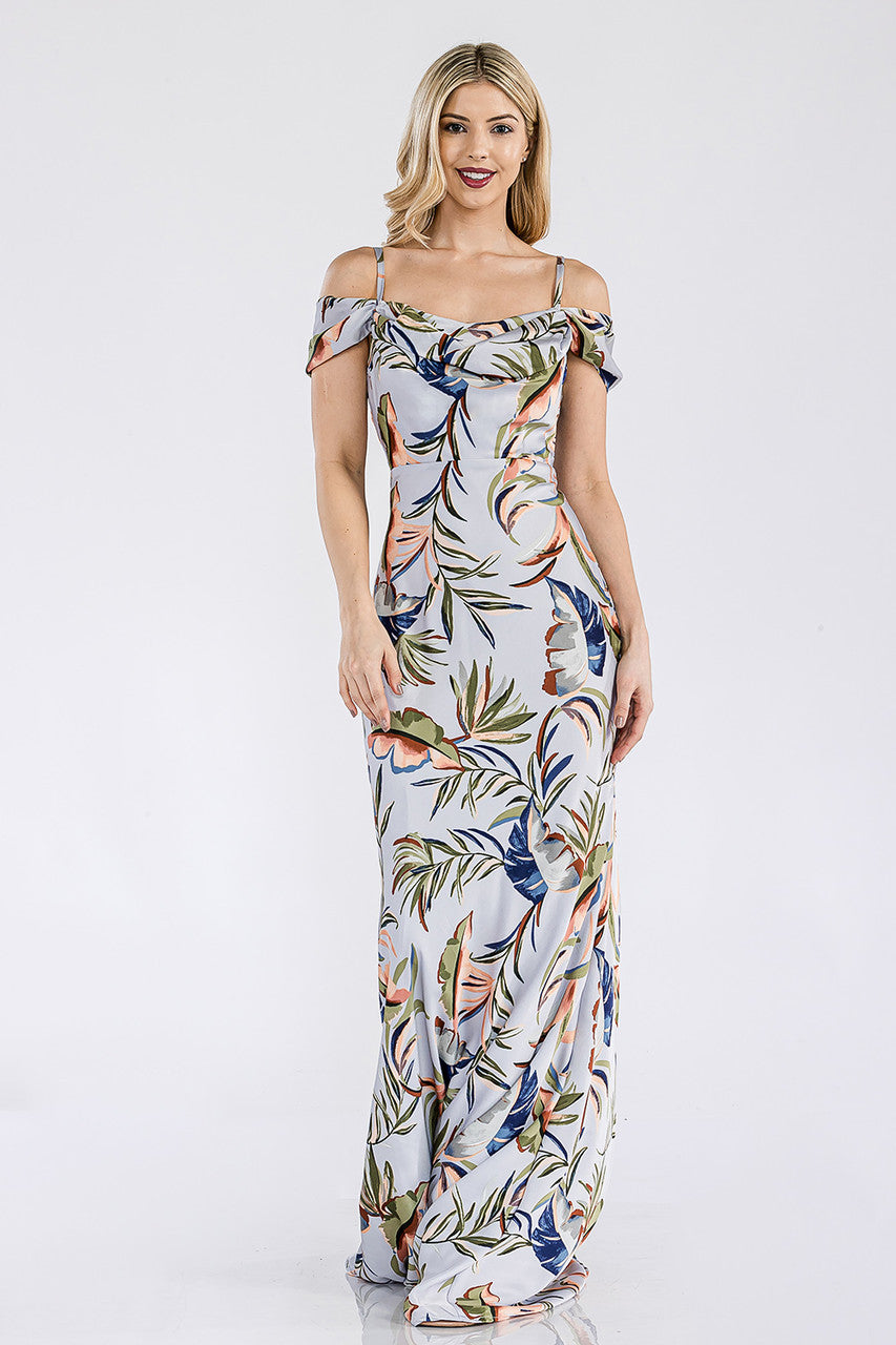 Print Fitted Cold Shoulder Gown by Lenovia 5306