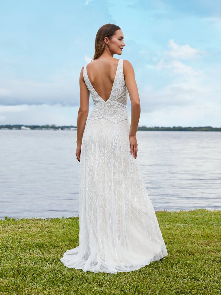 V-Neck Sheer Slit Bridal Dress by Adrianna Papell 40365