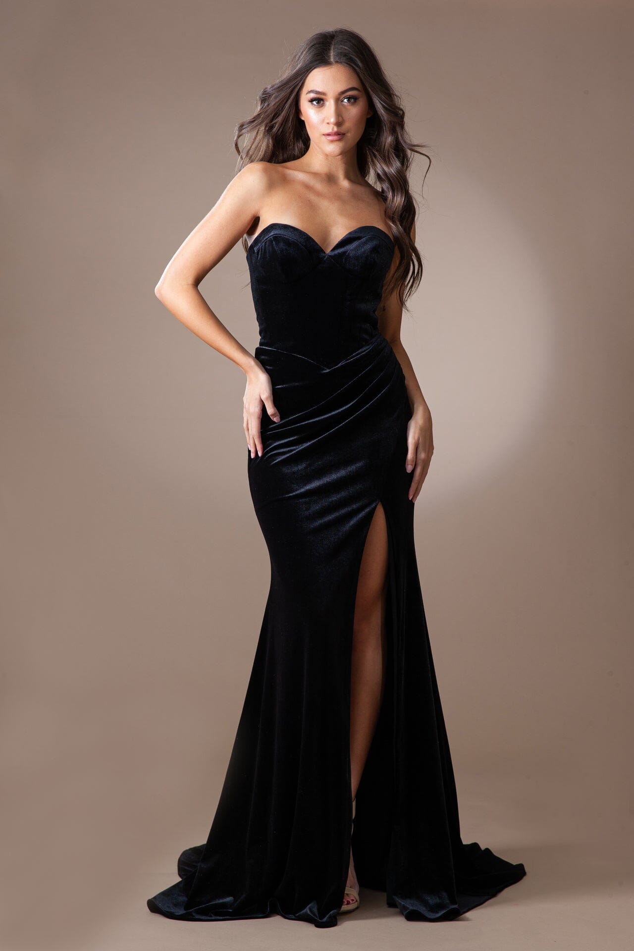 Velvet Fitted Strapless Slit Gown by Amelia Couture BZ9029V – ABC