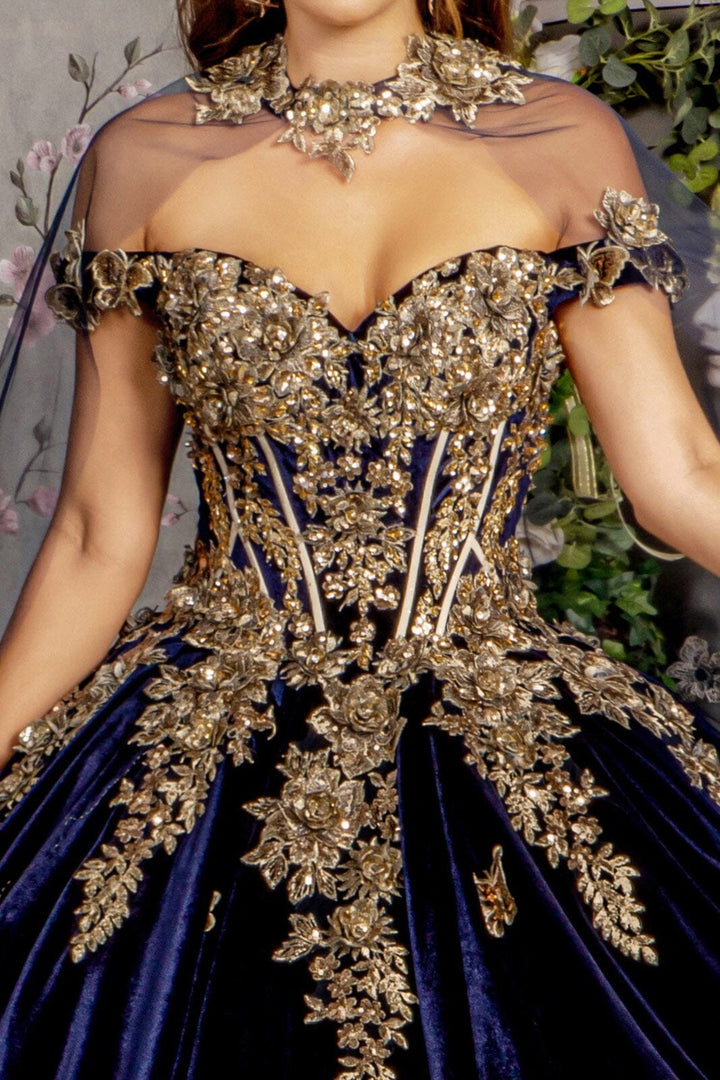 Velvet Off Shoulder Cape Ball Gown by GLS Gloria GL3471