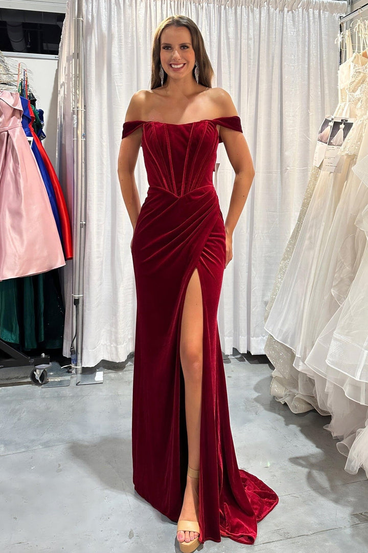 Velvet Off Shoulder Corset Slit Gown by Nox Anabel R1244