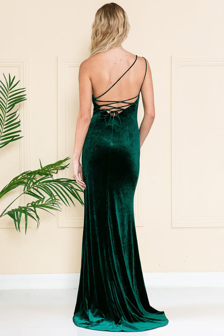 Velvet One Shoulder Slit Gown by Amelia Couture 6118