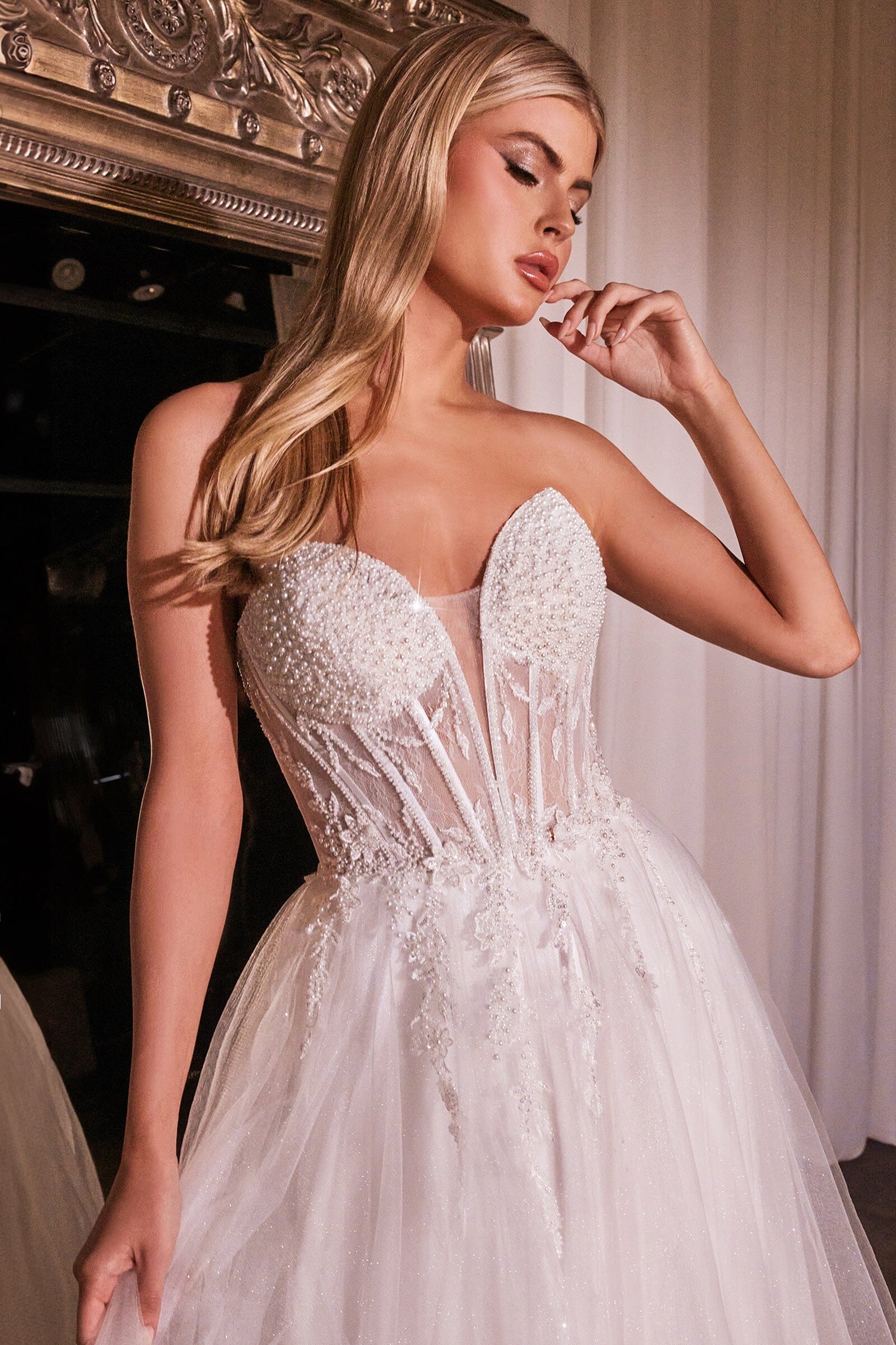 White Beaded Strapless Tulle Slit Gown by Ladivine CD0230W – ABC