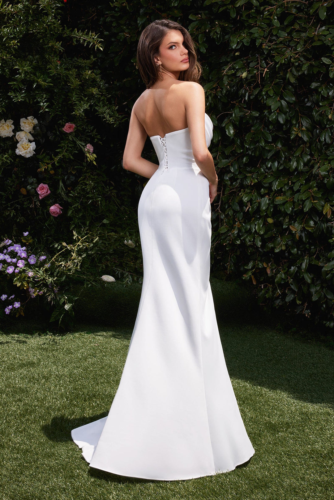 White Chiffon Strapless Slit Gown by Ladivine CD355W
