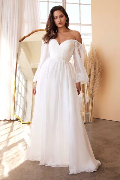 White Long Sleeve Chiffon Gown by Cinderella Divine CD243W - Outlet