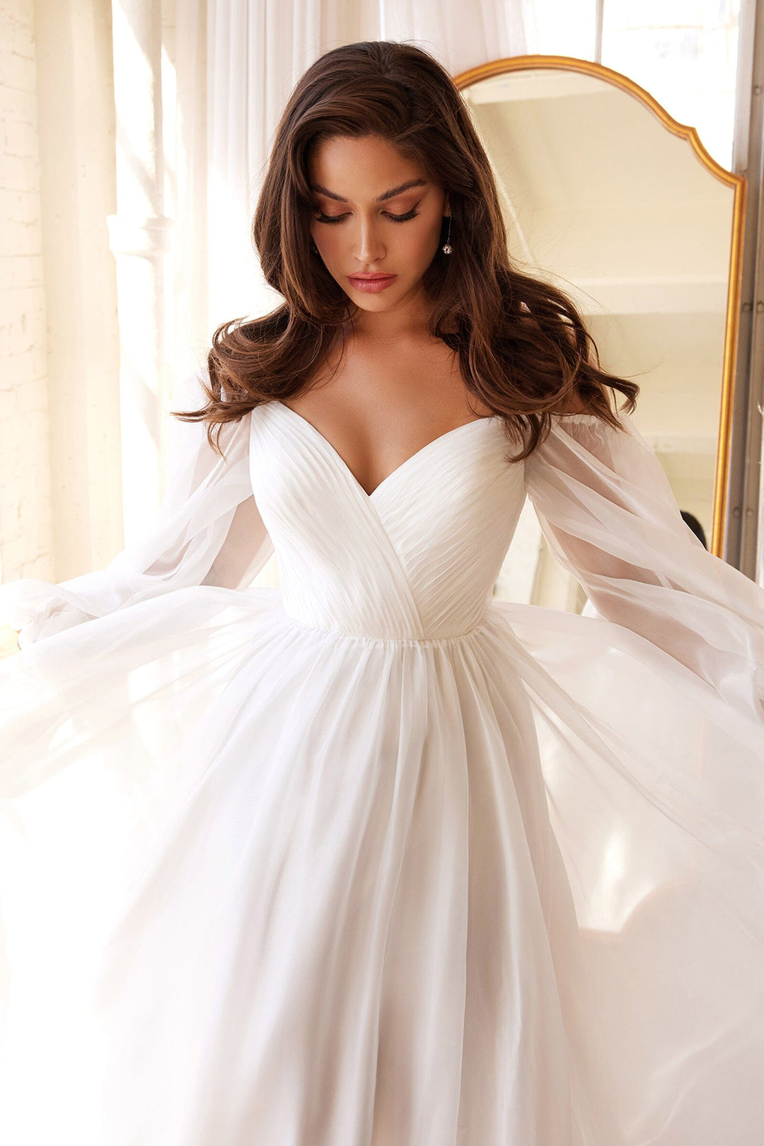 White Long Sleeve Chiffon Gown by Cinderella Divine CD243W - Outlet