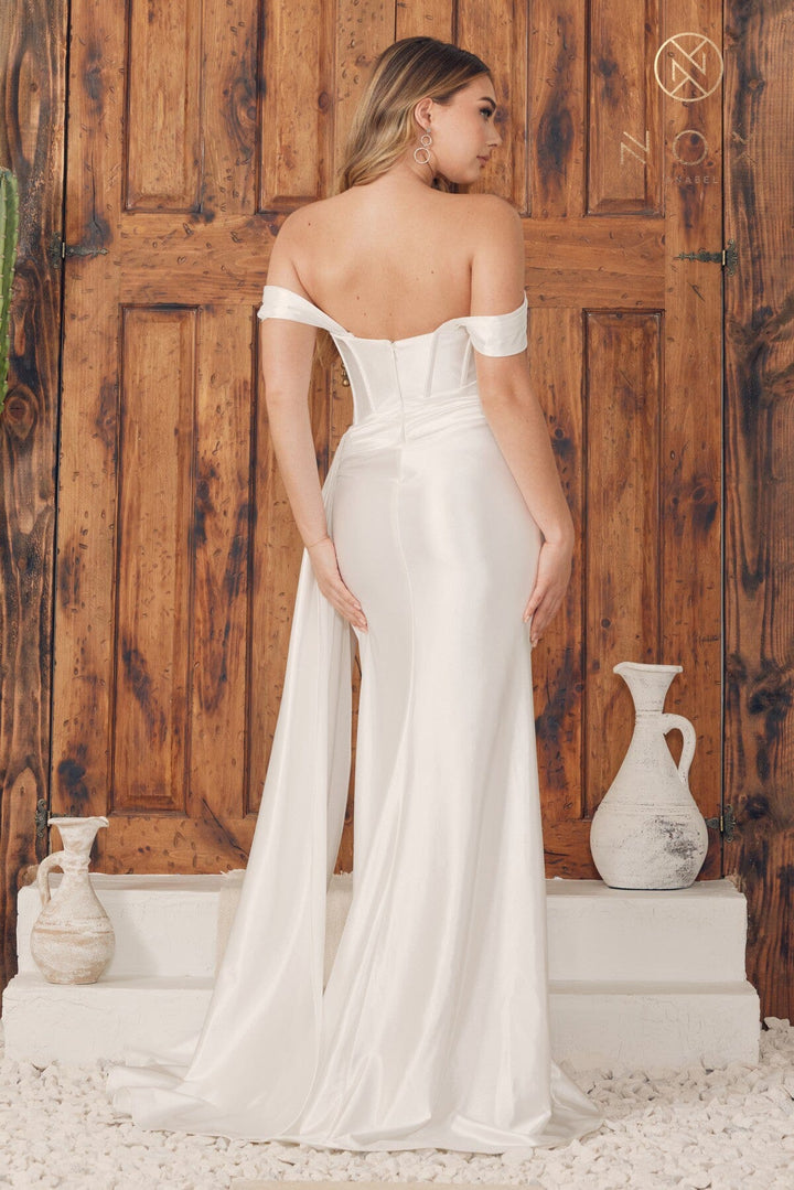 White Off Shoulder Satin Corset Gown by Nox Anabel E1043W - Outlet