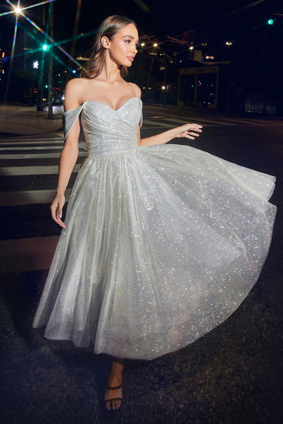 White Off Shoulder Tea Length Glitter Dress by Ladivine CD869W