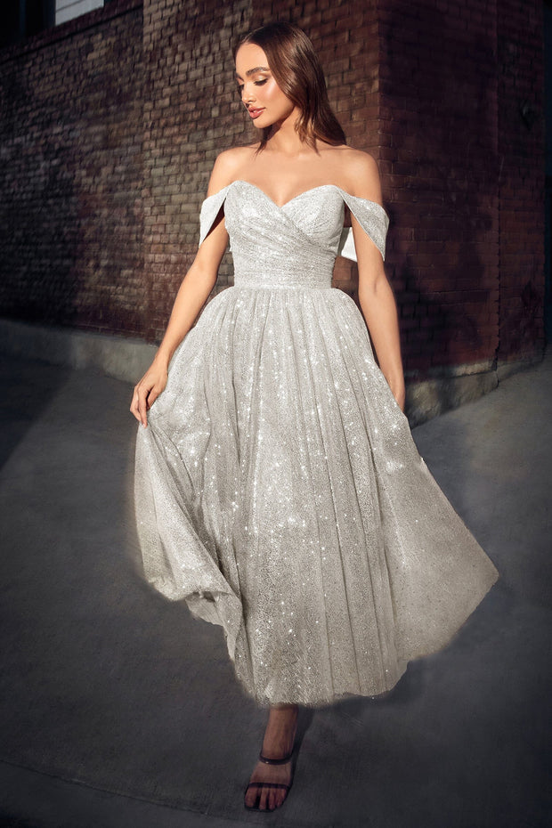 White Off Shoulder Tea Length Glitter Dress by Ladivine CD869W