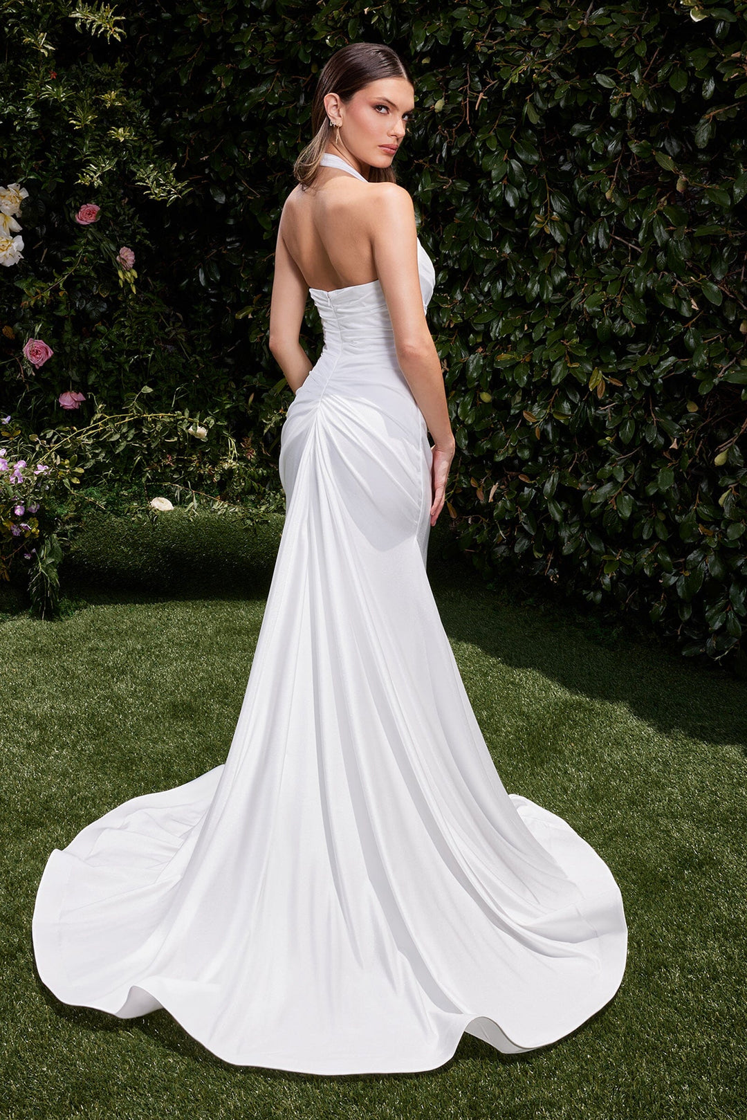 white satin halter maxi dress White Satin Halter Slit Gown by Ladivine CD796W