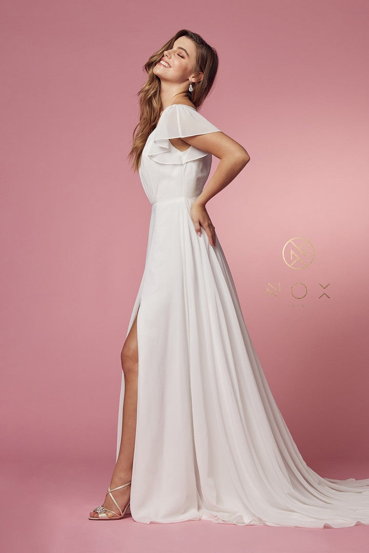 White Short Sleeve A-line Slit Gown by Nox Anabel R471 - Outlet
