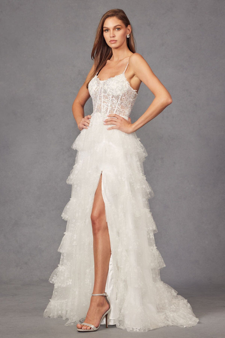 White Sleeveless A-line Tiered Gown by Juliet JT2464AW