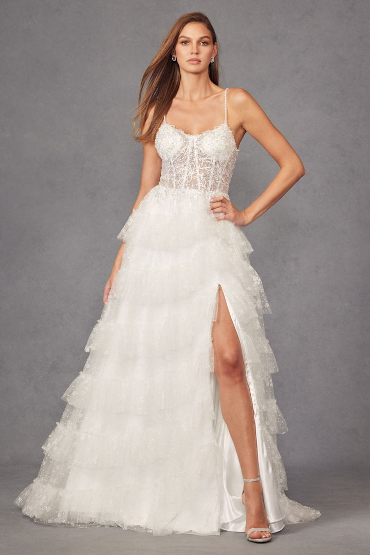 White Sleeveless A-line Tiered Gown by Juliet JT2464AW