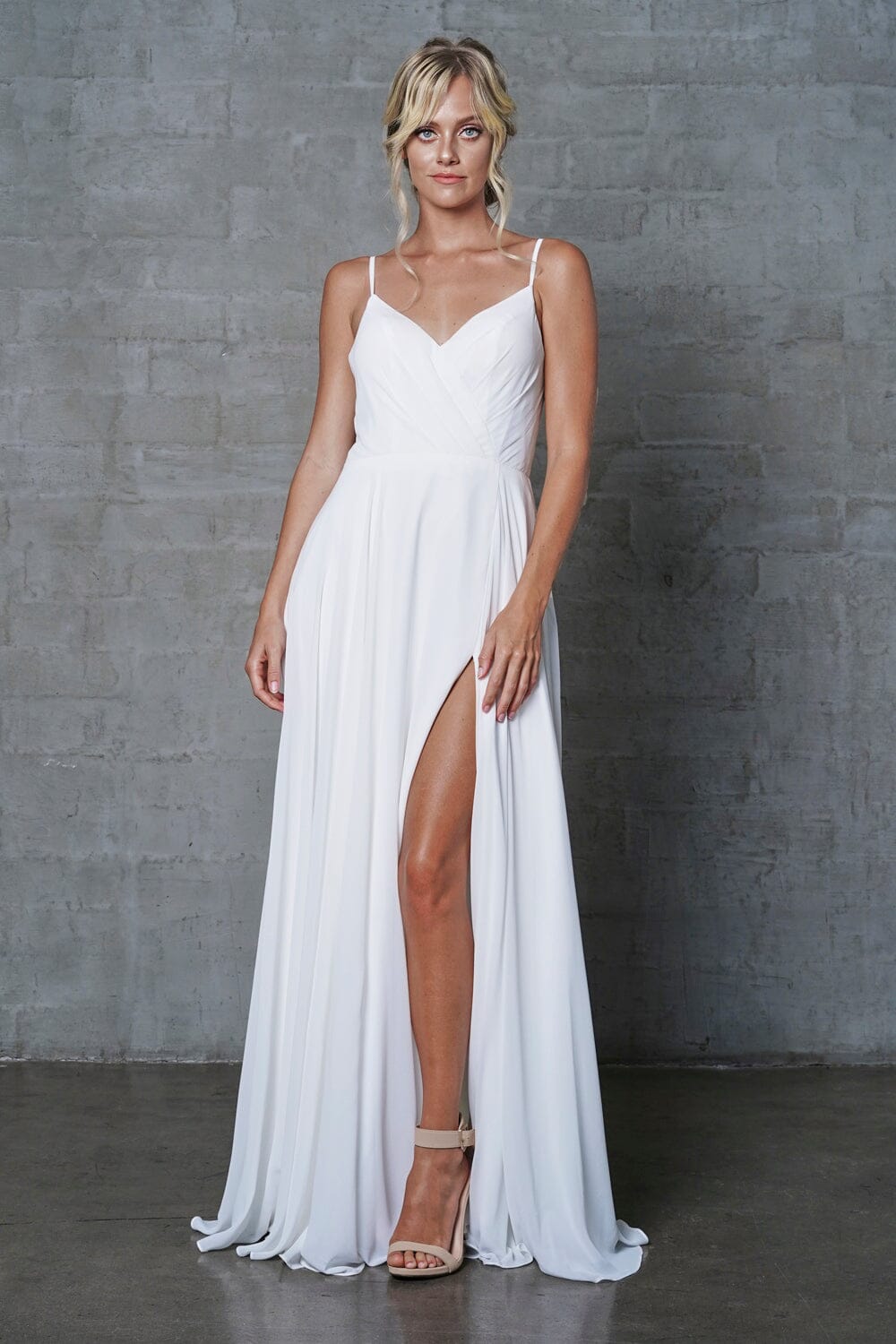 White Sleeveless Chiffon Slit Gown by Amelia Couture 477
