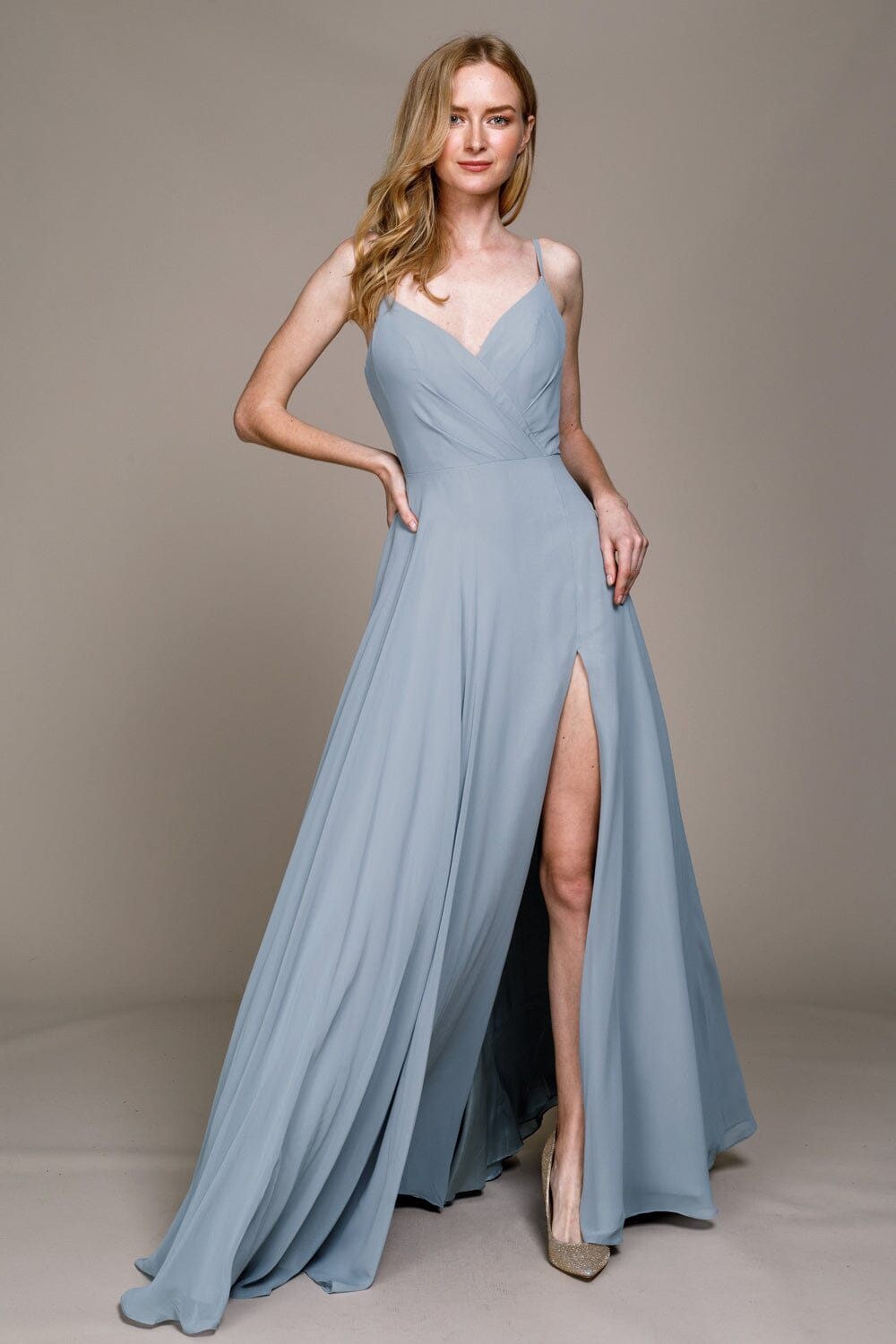 White Sleeveless Chiffon Slit Gown by Amelia Couture 477