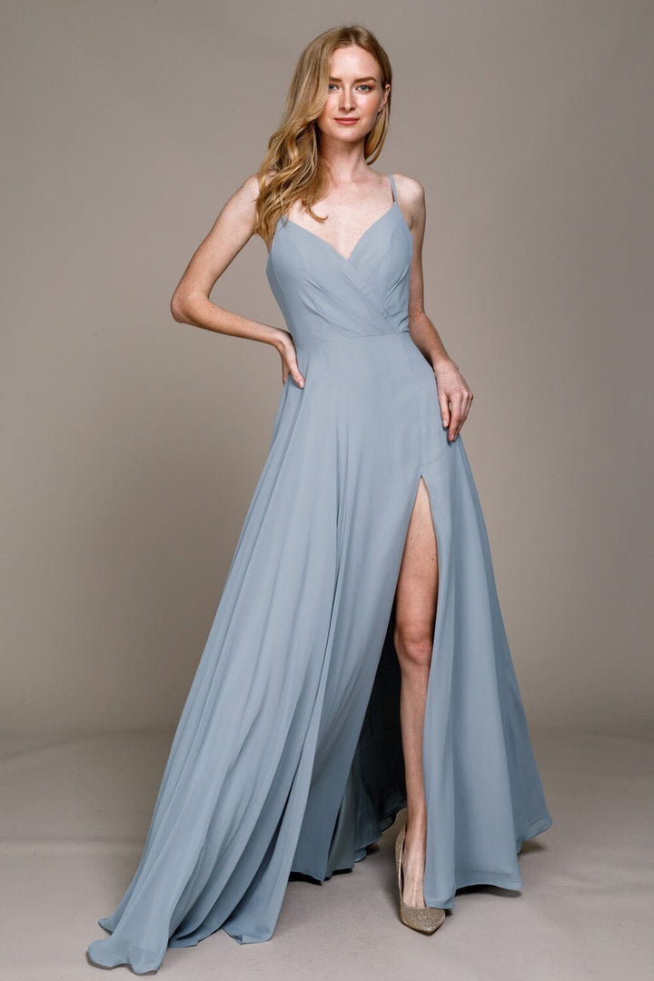 White Sleeveless Chiffon Slit Gown by Amelia Couture 477