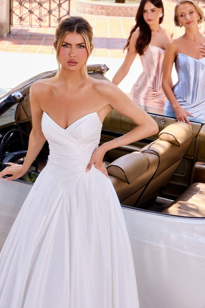 White Satin Strapless A-line Gown by Ladivine WN015