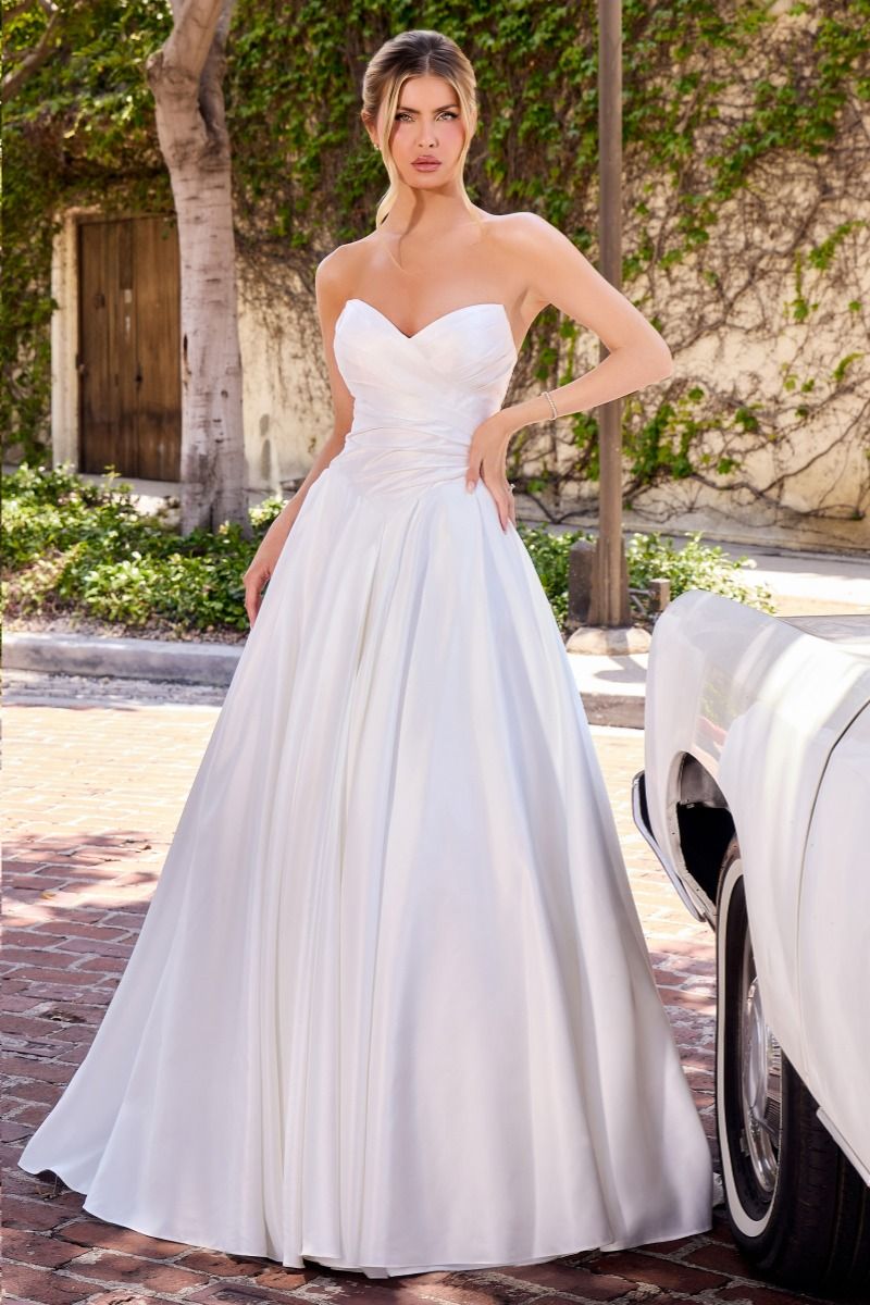 White Satin Strapless A-line Gown by Ladivine WN015