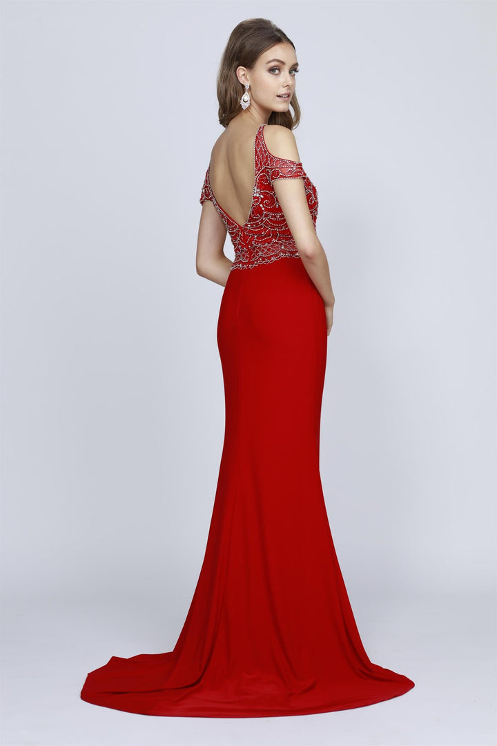 Beaded Long Cold Shoulder Fitted Dress by Juliet 660 - Outlet