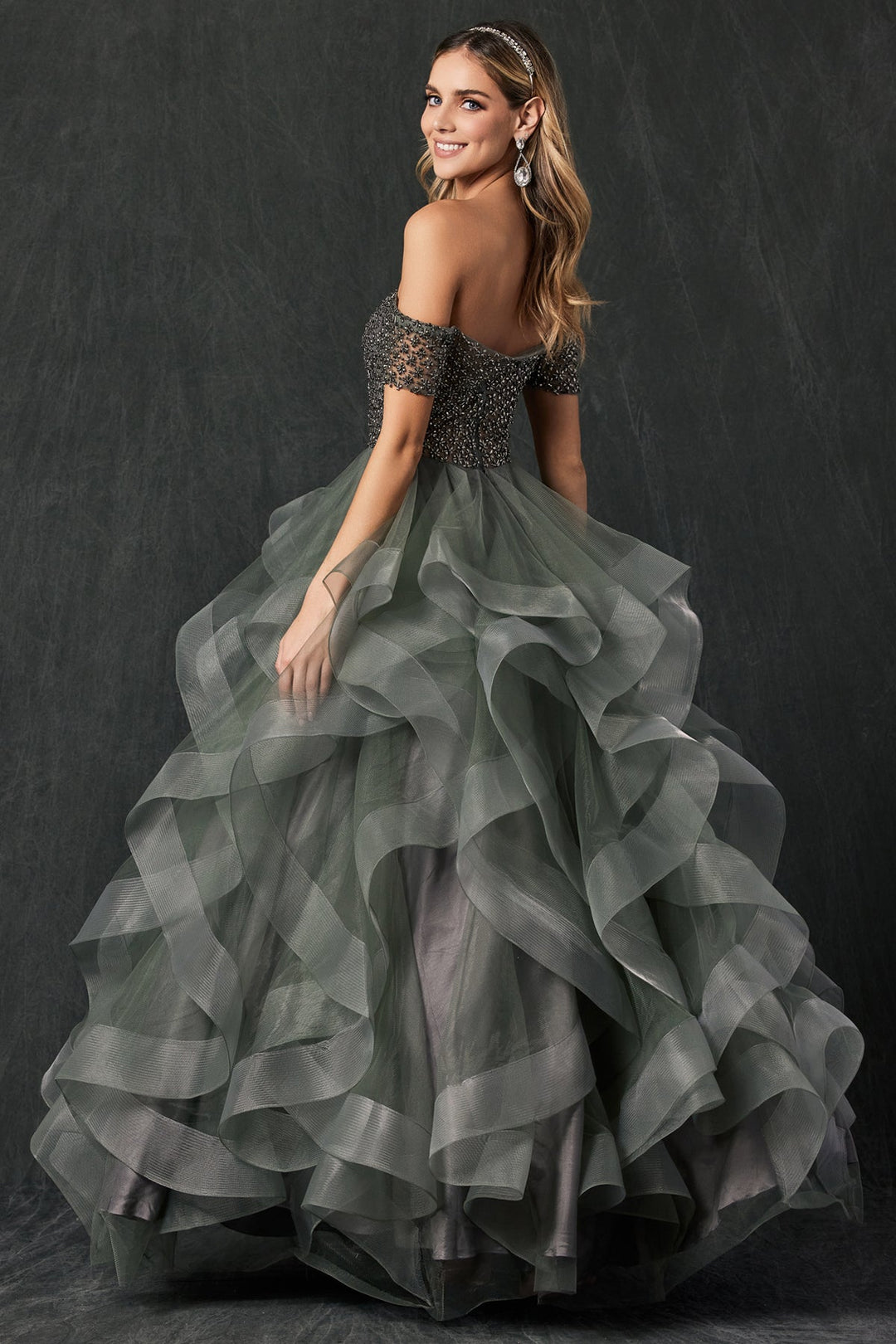 Ruffled Off Shoulder Ball Gown by Juliet 395