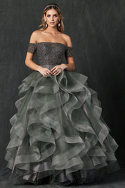 Ruffled Off Shoulder Ball Gown by Juliet 395
