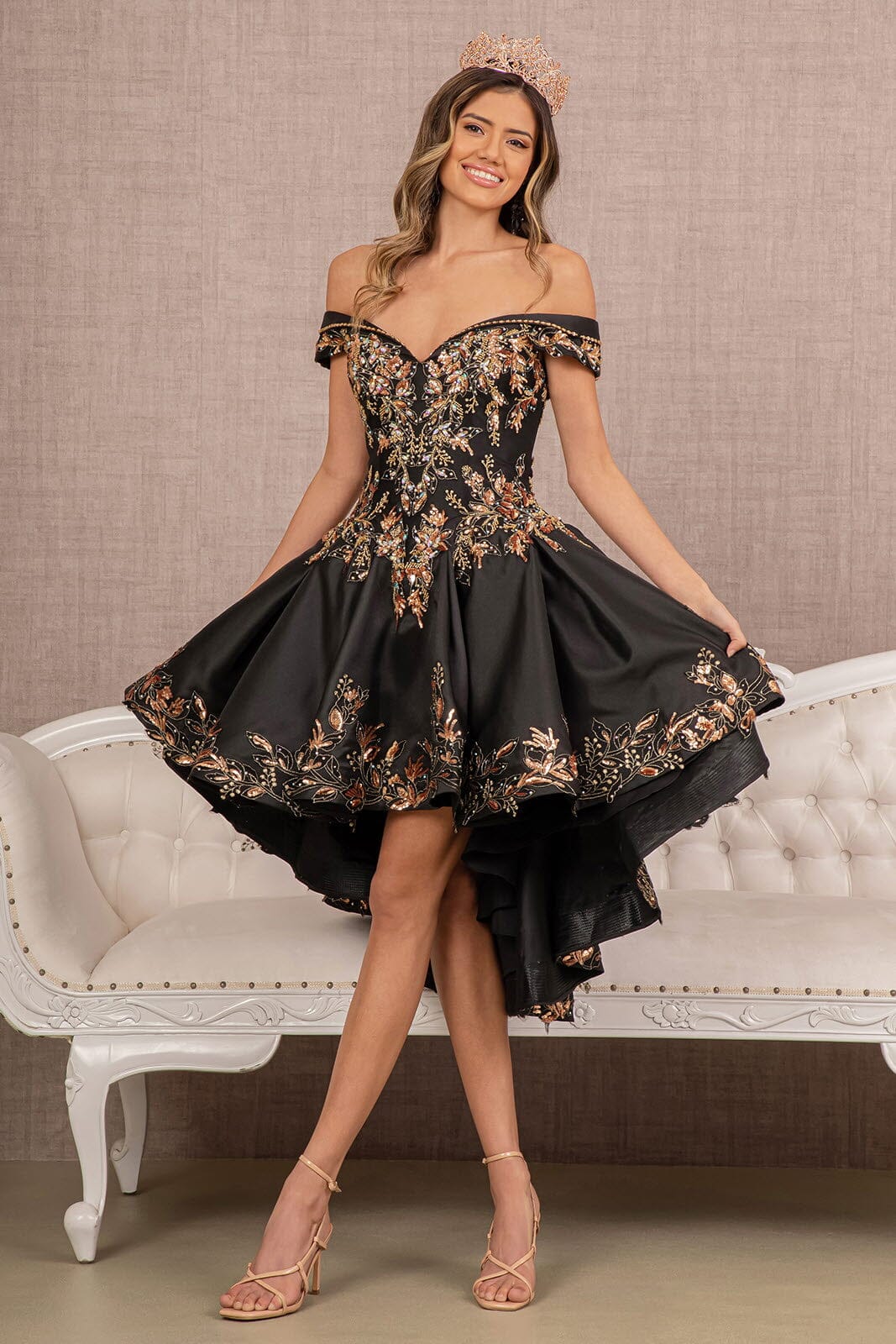 Off Shoulder 2-Piece Satin Gown by Elizabeth KGL3098 - Black/Gold / S Off Shoulder 2-Piece Satin Gown by Elizabeth KGL3098 - Black/Gold / S