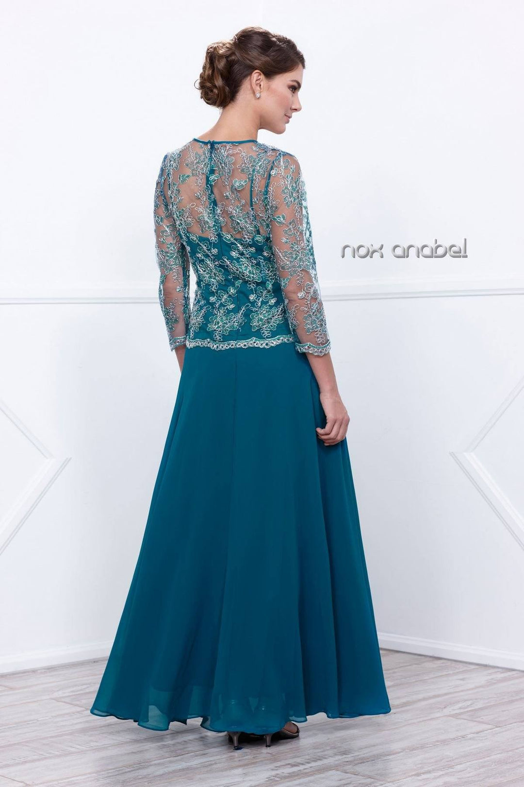 3/4 Length Sleeve Embroidered Illusion Dress by Nox Anabel 5096-Long Formal Dresses-ABC Fashion