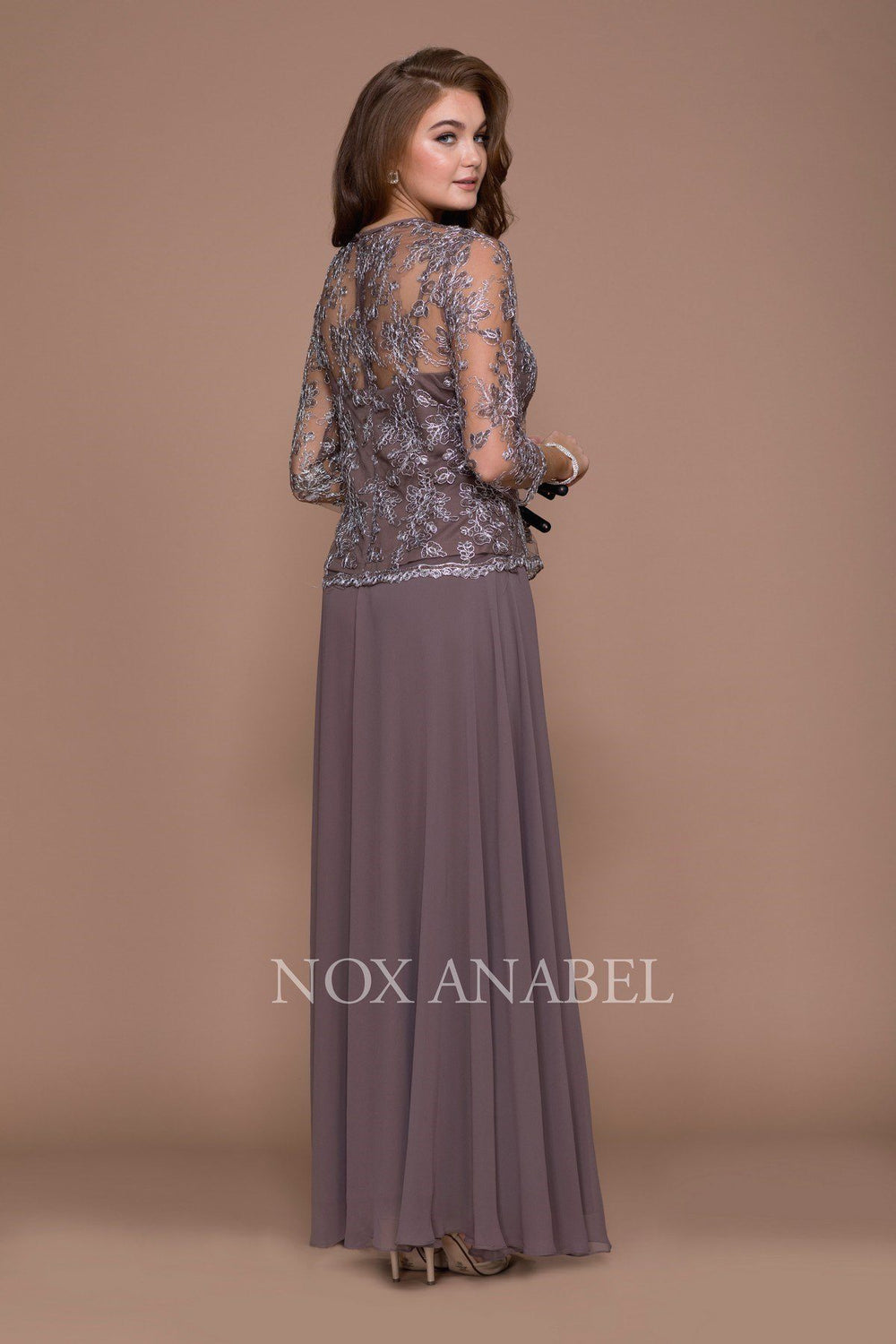 3/4 Length Sleeve Embroidered Illusion Dress by Nox Anabel 5096-Long Formal Dresses-ABC Fashion