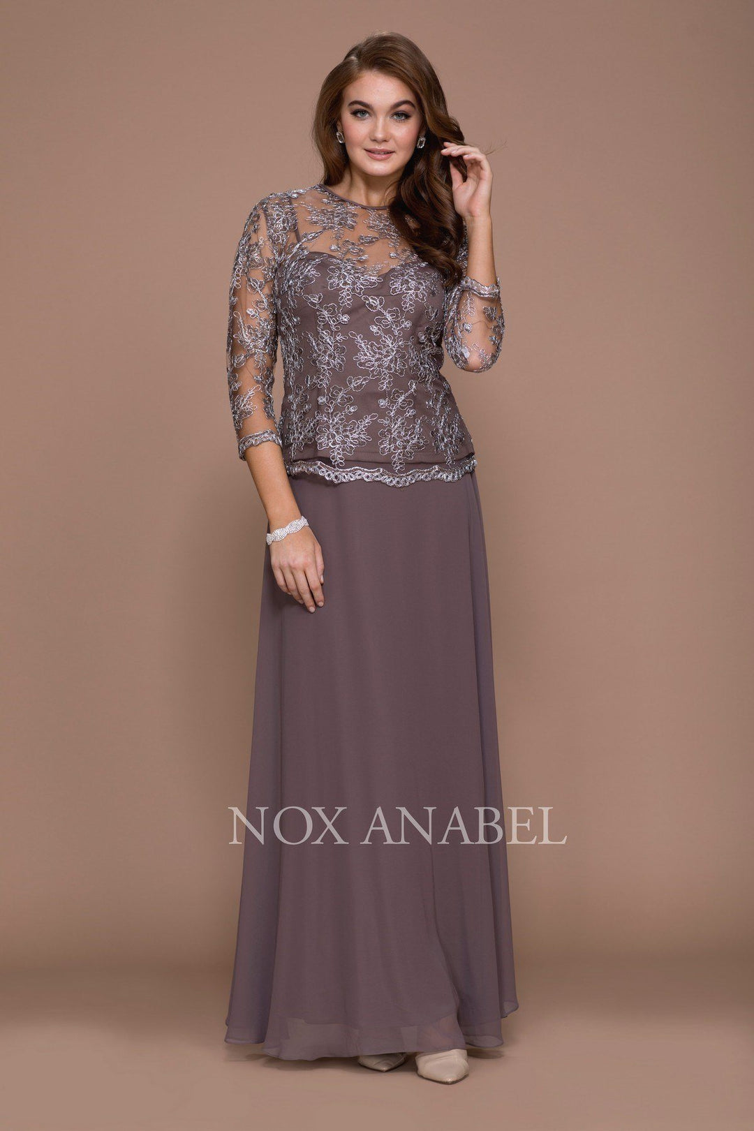 3/4 Length Sleeve Embroidered Illusion Dress by Nox Anabel 5096-Long Formal Dresses-ABC Fashion
