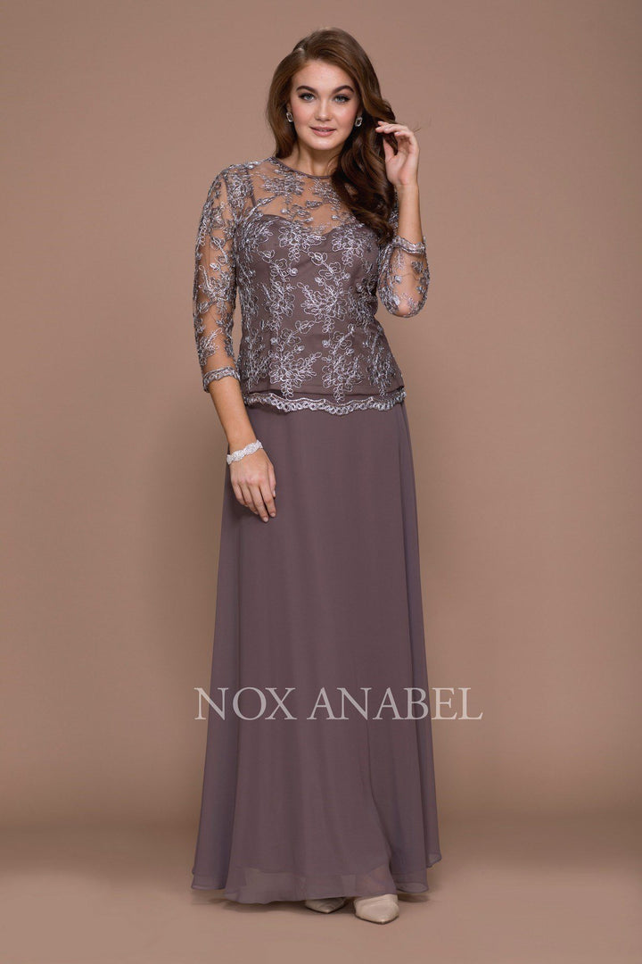 3/4 Length Sleeve Embroidered Illusion Dress by Nox Anabel 5096-Long Formal Dresses-ABC Fashion