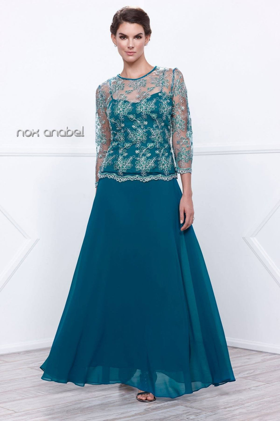 3/4 Length Sleeve Embroidered Illusion Dress by Nox Anabel 5096-Long Formal Dresses-ABC Fashion