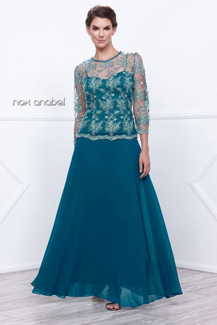 3/4 Length Sleeve Embroidered Illusion Dress by Nox Anabel 5096-Long Formal Dresses-ABC Fashion