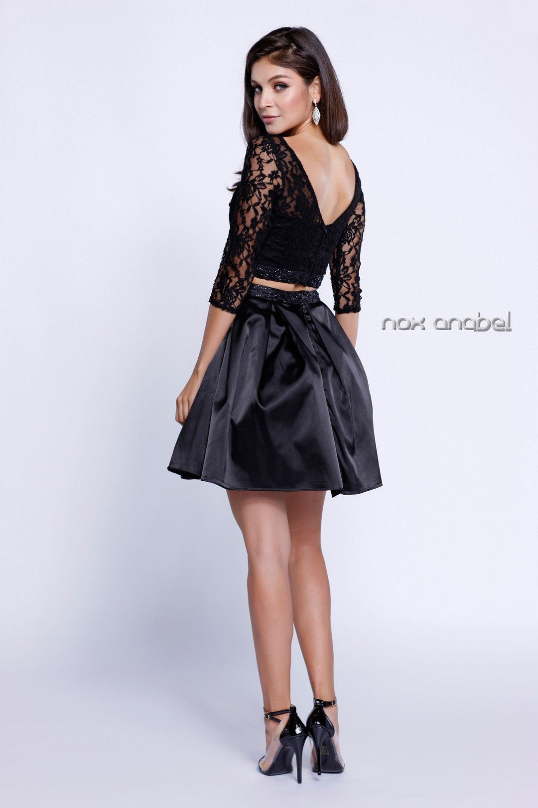3/4 Sleeve Lace Crop Top Short Cocktail Dress by Nox Anabel 6166-Short Cocktail Dresses-ABC Fashion